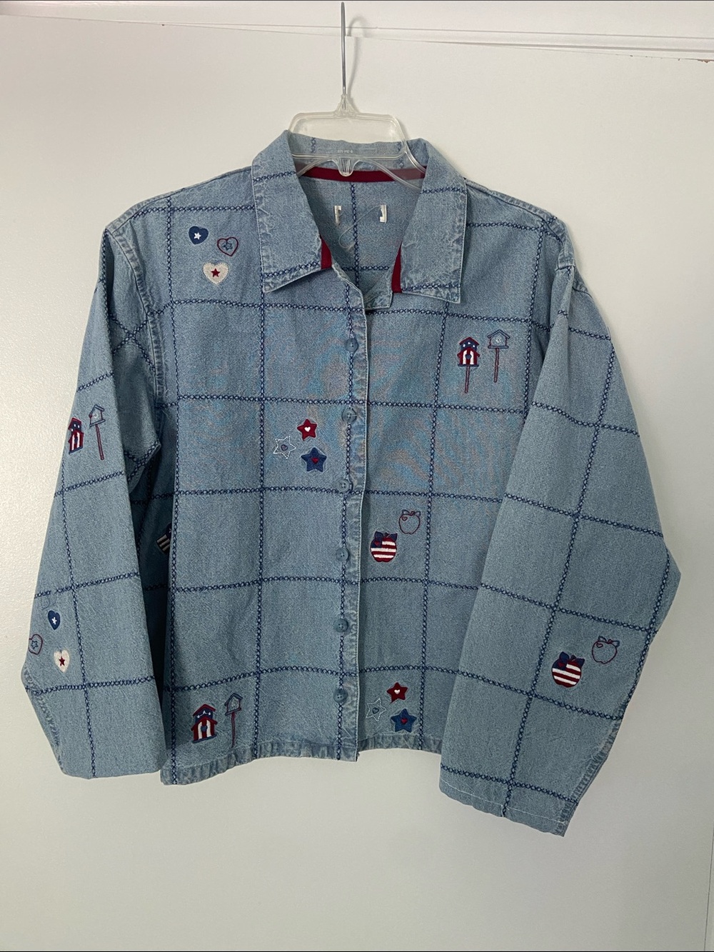 Vintage Embroidered Light Wash Denim Jacket with Flag & Star Accents